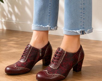 Handmade Burgundy Leather Oxford Heels, Women’s Vintage Lace Up Shoes, Floral Leather Shoes, Comfortable Block Heel Oxfords, Office Shoe