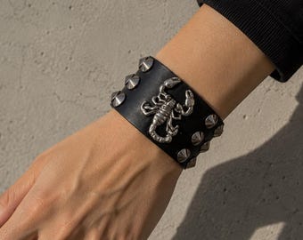 Black Scorpion Leather Cuff Bracelet, Gothic Studded PU Leather Wristband, Punk Rock Biker Bracelet, Unisex Alternative Jewelry