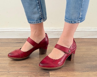 Red Leather Mary Jane Heels 5cm | Laser Cut Block Heel Ankle Strap | Artisan Handcrafted Vintage Shoes