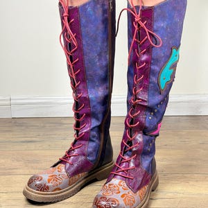 Handmade Boho Knee-High Boots Multi-Color Leather & Fabric Lace-Up Flat Boots WomenFootwear  Artisan Eclectic Knee-Long Boots