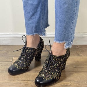 Women’s Black Leather & Fabric Oxford Pumps - 6cm Block Heel Studded Brogues - Edgy Lace-Up Shoes