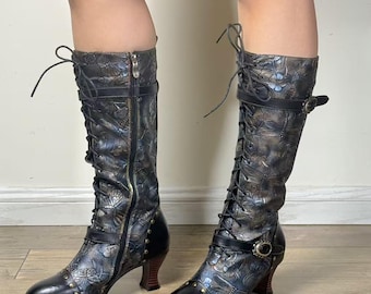 Embossed Real Leather Victorian Boots: Black Lace-Up Gothic Heel