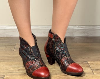 Floral Leather Ankle Boots: Vintage Style Chunky Heel Booties