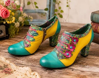 Colorful Leather Heels, Artistic Floral Shoes, Retro Statement Pumps, Dopamine Dressing Footwear