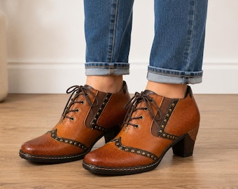 Hand-Painted Leather Oxford Pumps: Studded Block Heel Boho Shoes