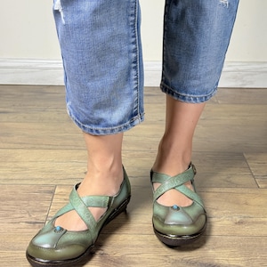 Womens Genuine Leather Sage Green Mary Jane Flats | Embossed Floral Cross Strap Comfort Shoes 40 EU women's
