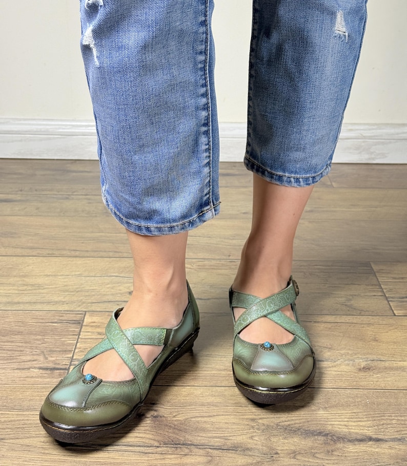 Womens Genuine Leather Sage Green Mary Jane Flats | Embossed Floral Cross Strap Comfort Shoes 40 EU women's