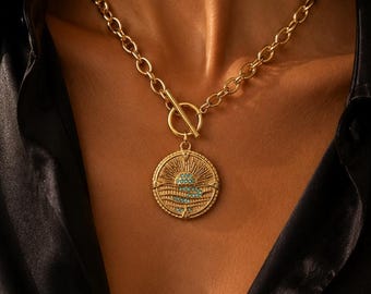 Gold Sun Pendant Necklace | Celestial Necklace | Toggle Chain Necklace | Turquoise Statement Necklace | Modern Gold Jewelry | Gift for Her