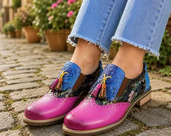 Handmade Pink & Blue Leather Loafers for Women, Colorful Artisan Slip On Shoes, Genuine Leather Tassel Loafers, Boho Designer Oxford Shoes