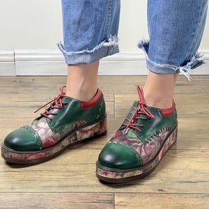 Handmade Leather Oxford Shoes: Floral Wedge Heel Boho Footwear