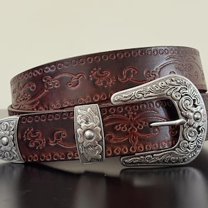 Handmade Tooled Full Grain Leather Western Belt - Black or Brown