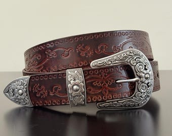 Handmade Tooled Full Grain Leather Western Belt - Black or Brown