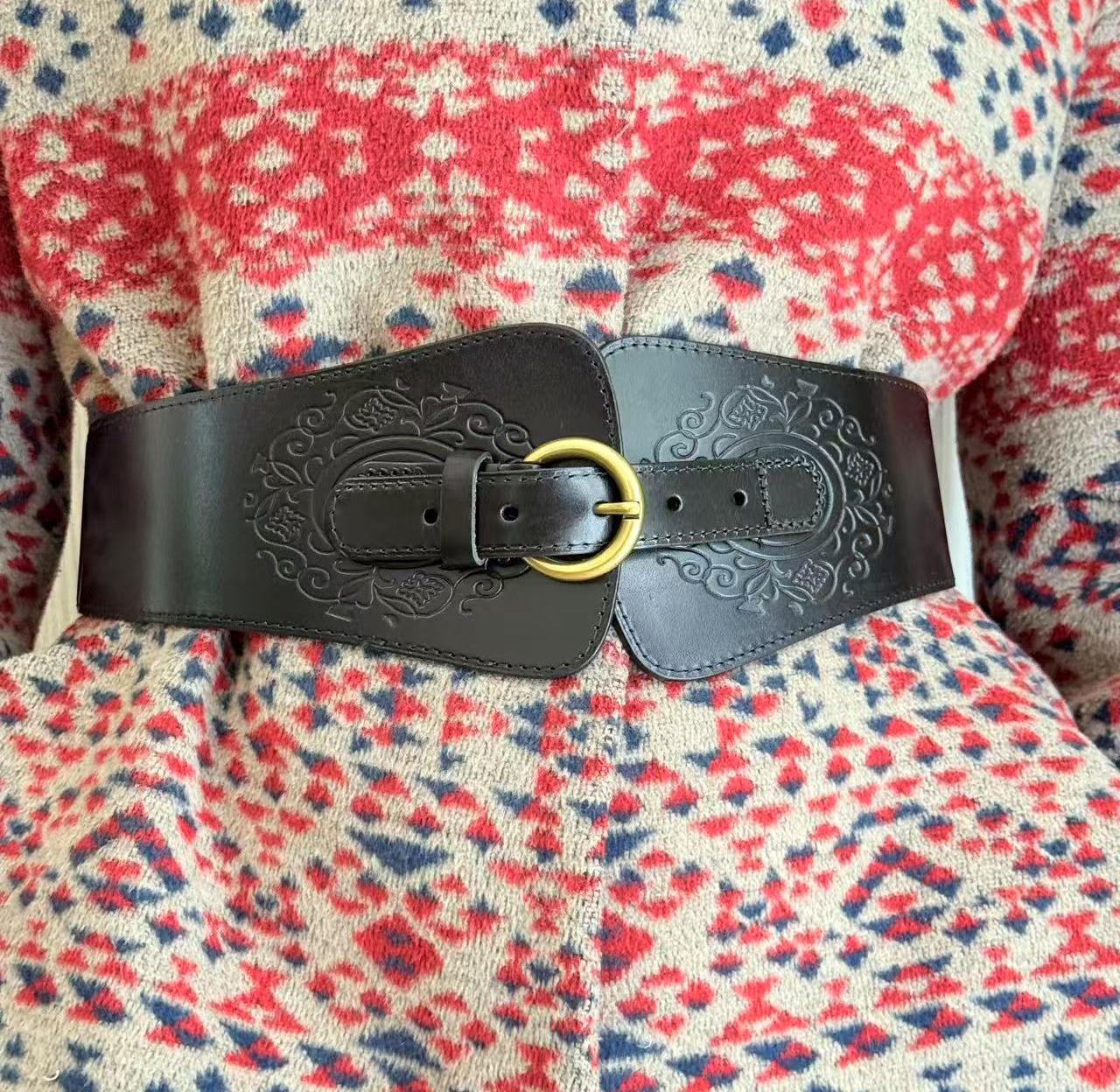 VINTAGE EMBOSSED LEATHER EMBELLISHED WIDE BELT ADJUSTABLE Amazon.com: IWFTC Belts for Women main image 3