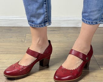 Dark Red Laser-Cut Leather Mary Janes: Vintage Block Heel Pumps