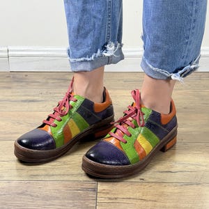 Hand-Painted Leather Oxford Shoes - Women’s Multi-Color Vintage Lace-Up Flats - Lightweight Exotic Boho Artisan Footwear