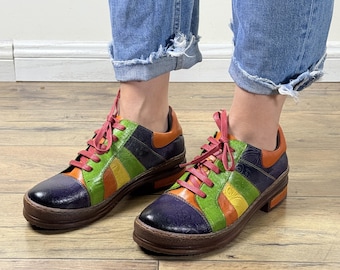Hand-Painted Leather Oxford Shoes - Women’s Multi-Color Vintage Lace-Up Flats - Lightweight Exotic Boho Artisan Footwear