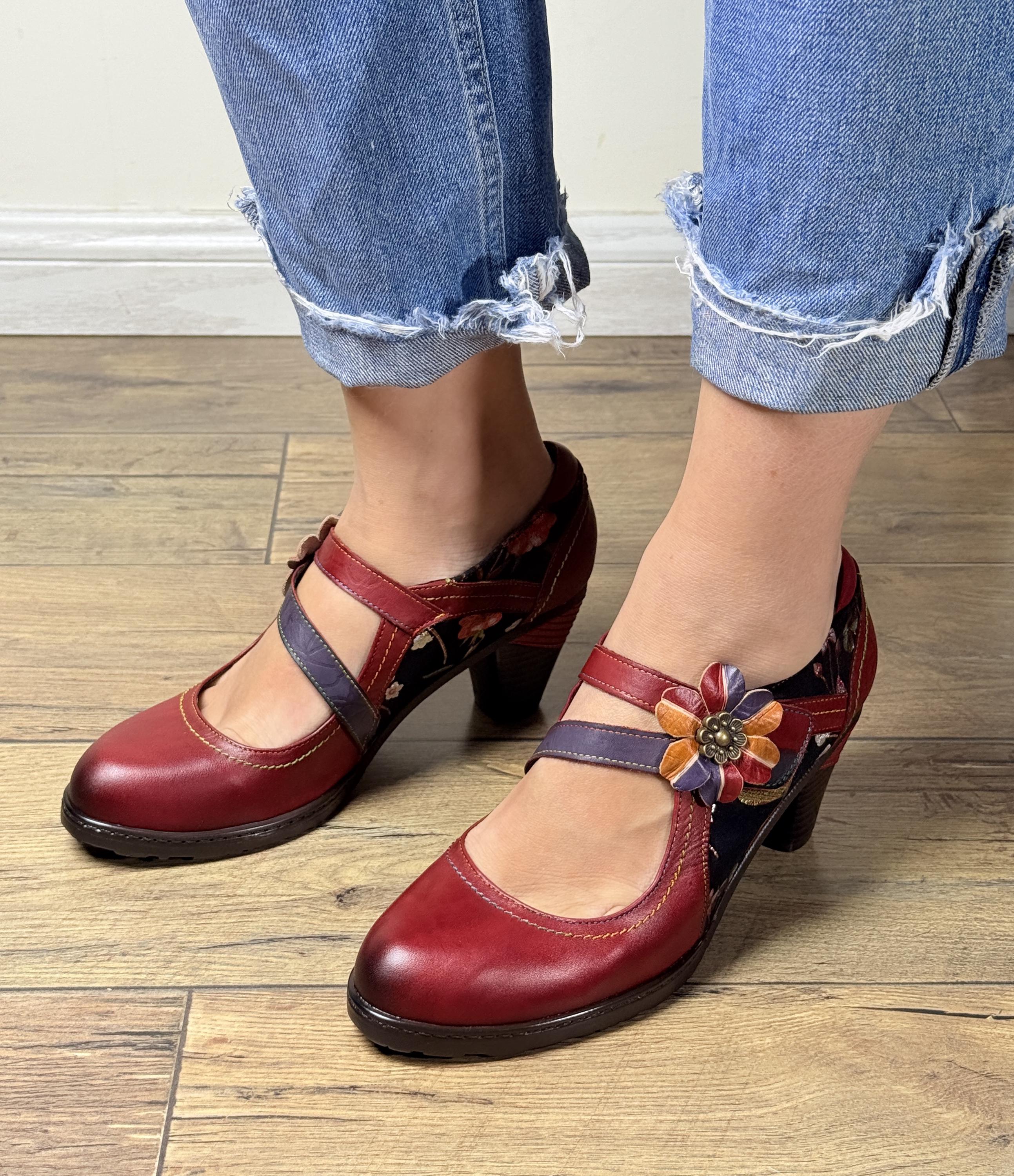 Hand-painted Red Leather Mary Jane Shoes: Floral Block Heel 