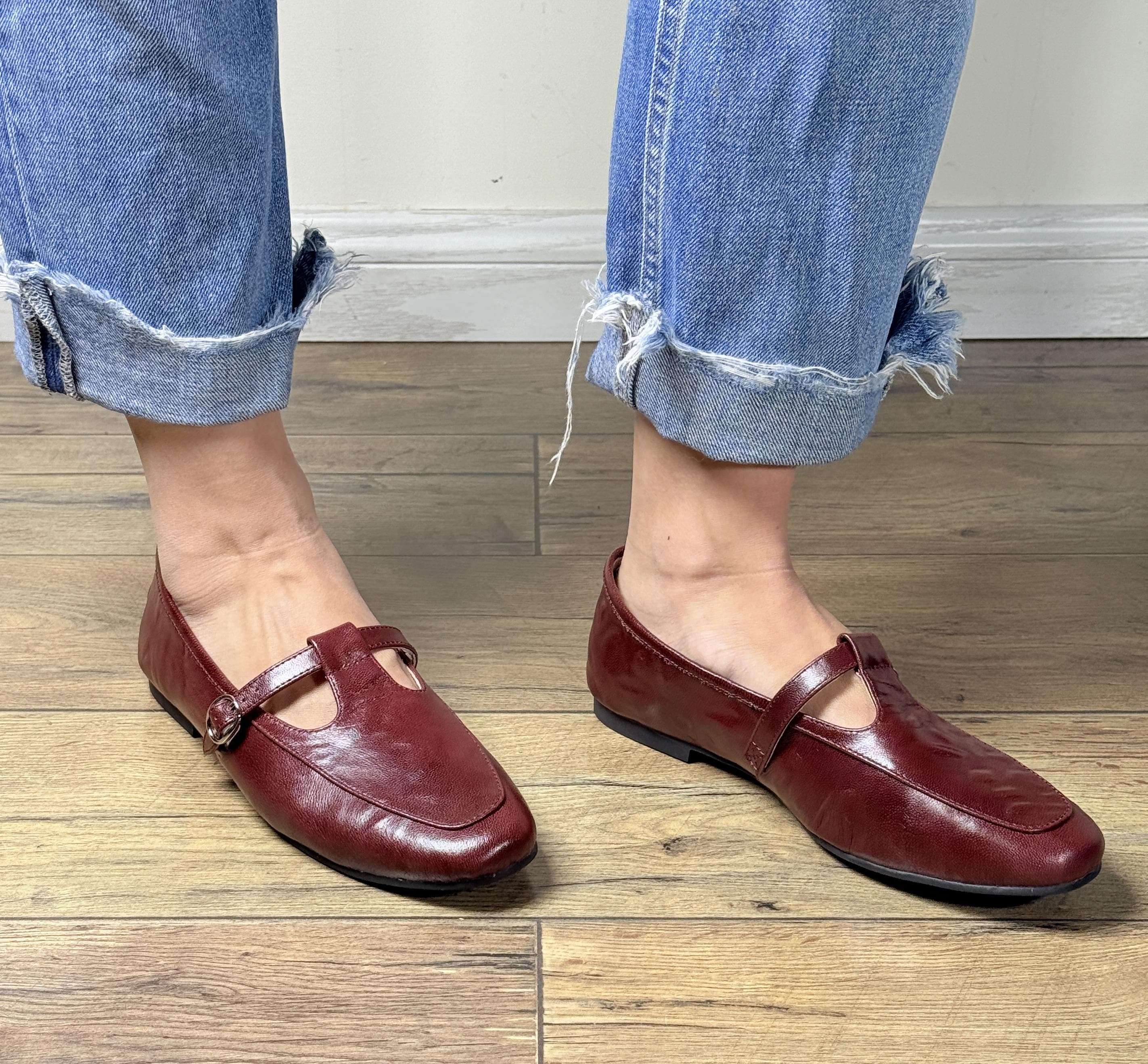 Women's Dark Red T-Strap Mary Jane Flats | Soft Leather Vintage-Inspired Shoes | Sultry Burgundy Comfort Flats for Date Nights & Holidays