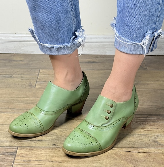 Vintage Inspired Light Green Leather Oxford Shoes, 5cm Chunky Heel