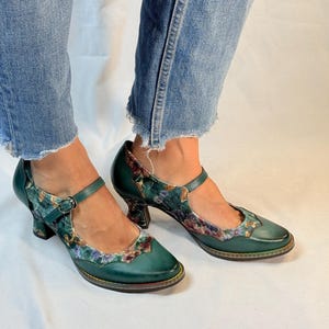Dark Green Leather Mary Jane Shoes: Handmade Floral Fabric Block Heels