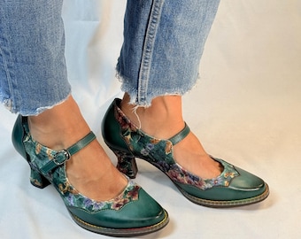 Dark Green Vintage Mary Jane Shoes | Leather & Fabric Mixed Block Heels | Handmade Retro Women&#39;s Footwear