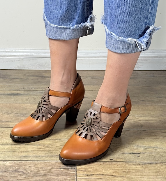 Mary Jane en cuir peinte à la main chaussures vintage à talon