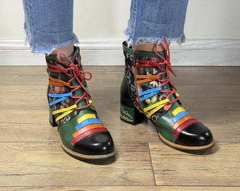 Bohemian Ankle Boots for Women, Multi Colored Leather Booties, Chunky 4cm Heel.