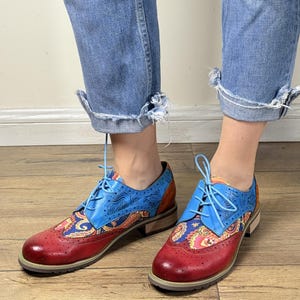 Women Bohemian Two-Tone Oxford Shoes  Bright Leather  Fabric Lace-Up Footwear Artisan Crafted Bold Comfortable