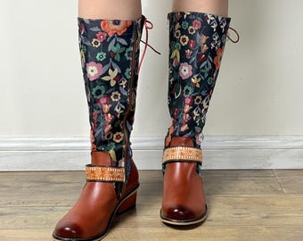 Bohemian Floral Embroidered Knee-High Boots: Leather Lace-Up Chunky Heel