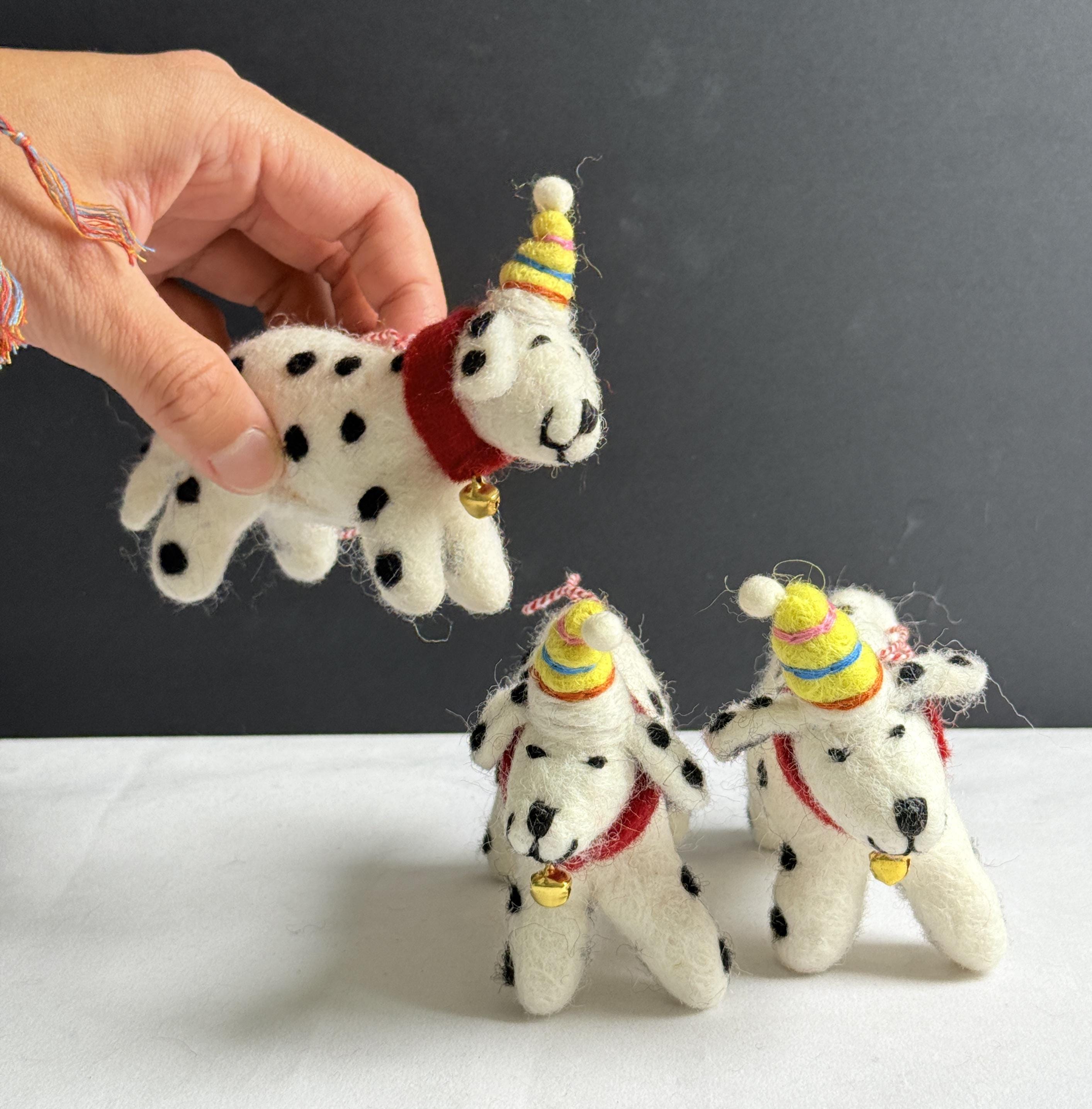 3 pieces Handmade Woo Felt Spotted Dog Ornaments Cozy Set of 3 with Hats, Scarves & Neckchains |Festive Holiday Decor, Dog Lover Gift