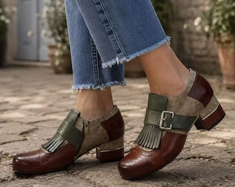Handmade Leather Kiltie Pumps for Women, Vintage Buckle Heels, Artisan Color Block Shoes, Retro Leather Block Heel Pumps