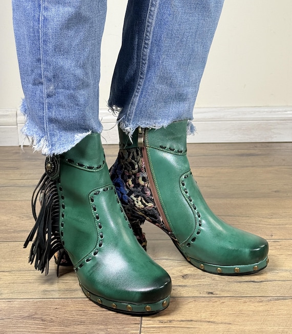 Damen Chunky Heel Ankle Boots Grünes Leder Stoff Boho Booties