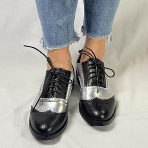Handmade Women's Black & Silver Two-Tone Oxford Shoes | Wingtip Design | Genuine Leather Lace-Up Classic Vintage Style Footwear