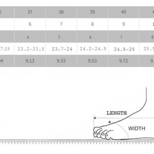 May include: A shoe size conversion chart displaying EU, US, and UK sizes alongside foot length measurements in centimeters and inches. Below the table, a line drawing illustrates how to measure foot length and width against a ruler scale.