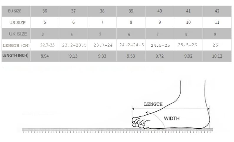 May include: A shoe size conversion chart displaying EU, US, and UK sizes alongside foot length measurements in centimeters and inches. Below the table, a line drawing illustrates how to measure foot length and width against a ruler scale.
