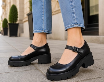 Black Leather Mary Jane Platform Shoes for Women, Chunky Lug Sole Pumps, Handmade Genuine Leather Comfort Shoes