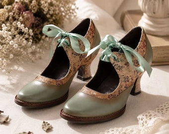 Hand-Painted Leather Mary Janes: Chunky Heel, Satin Lace-Up Shoes