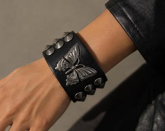 Butterfly Leather Cuff Bracelet, Black PU Leather Studded Bracelet, Gothic Butterfly Wrist Cuff, Punk Rock Bracelet