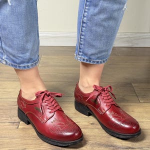 Hand-Painted Crimson Red Leather Oxfords: Wingtip Brogue Women&#39;s Shoes