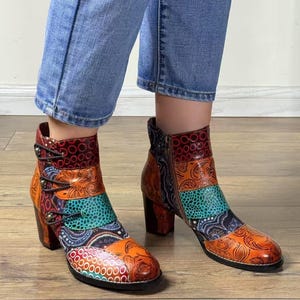 Women’s Patchwork Printed Leather Ankle Boots – 6cm Block Heel – Boho Button Deco – Unique Handmade Boots