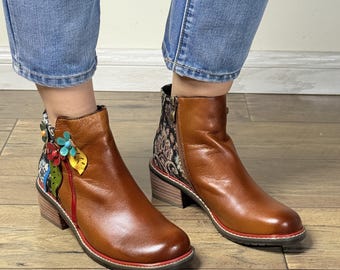 Vintage Brown Leather Ankle Boots: Floral Boho Cottagecore Style