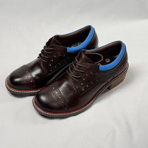 Vintage Coffee Brown Leather Oxford Shoes 3cm Chunky Heel Lace-Up Brogues Blue Accent Deco Back Retro Women&#39;s Wingtip Shoes