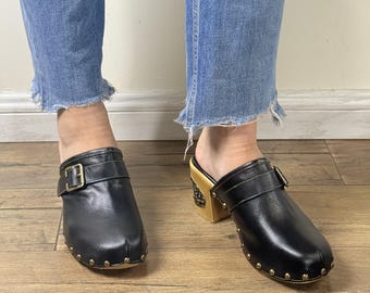 Handmade Black Leather Clog Mules: Studded Block Heel Slip-Ons