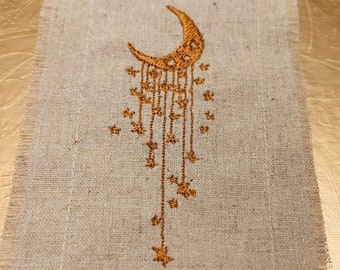 MOON JEWELS Golden Moon STARS beige Linen Patch 6x3 frayed edges sew on Decal Iron Moons shabby chic magnolia pearl Boho patches embroidery