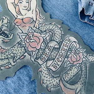 Mermaid Serpent Back Patch, Tattoo Style Iron On Decal (15 x 9.5)