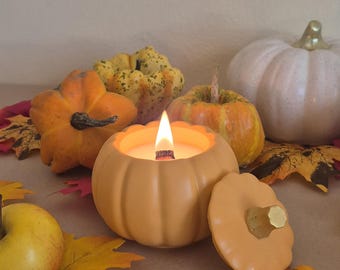 Könnte beinhalten: Eine brennende, kürbisförmige Kerze mit einem Holzdocht, umgeben von Miniaturkürbissen, Zierkürbissen und Herbstblättern. Die orangefarbene Kerze hat einen abnehmbaren Deckel. Im Hintergrund ein weißer Kürbis mit goldenem Stiel.