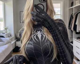 Y2K Black Spider Web Bodysuit, Women's Gothic Superhero Catsuit, Halloween Cosplay Jumpsuit for Comic Con, Rave Party Comic Con Outfit INS