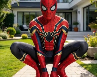 Roter und schwarzer Spinnennetz-Body, Superhelden-Cosplay-Kostüm für Erwachsene mit goldenen Akzenten, Ganzkörper-Zentai-Anzug für Halloween, Comic-Con-Partys, Peter
