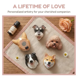 Könnte beinhalten: Hunde-Magnete, darunter ein Corgi, Schnauzer, Pudel, Border Collie und Shiba Inu. Die Magnete sind auf einer hellen Oberfläche angeordnet, mit einer Rose und einer ätherischen Ölflasche. Der Text lautet "A Lifetime of Love".