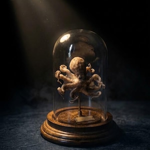 Könnte beinhalten: Ein konserviertes Oktopus-Exemplar, montiert auf einem dünnen Metallstab und präsentiert unter einer transparenten Glasglocke. Die Glocke ruht auf einem runden, dunkel gebeizten Holzsockel mit einem kleinen, leeren, rechteckigen Metallschild.
